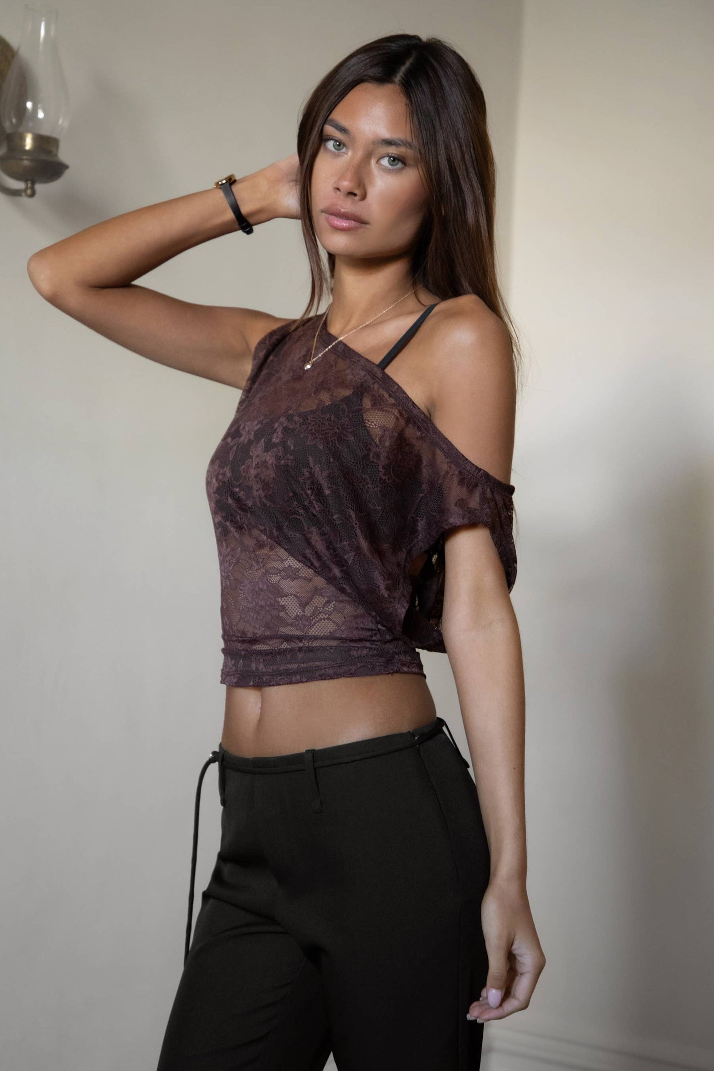 Lace Off The Shoulder Soft Draped Fit Top