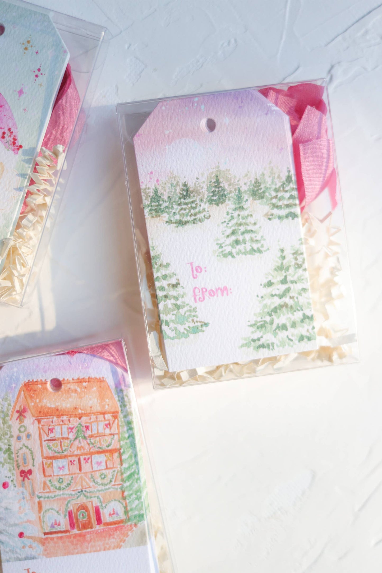 Holiday tree farm gift tag set with silk ribbon