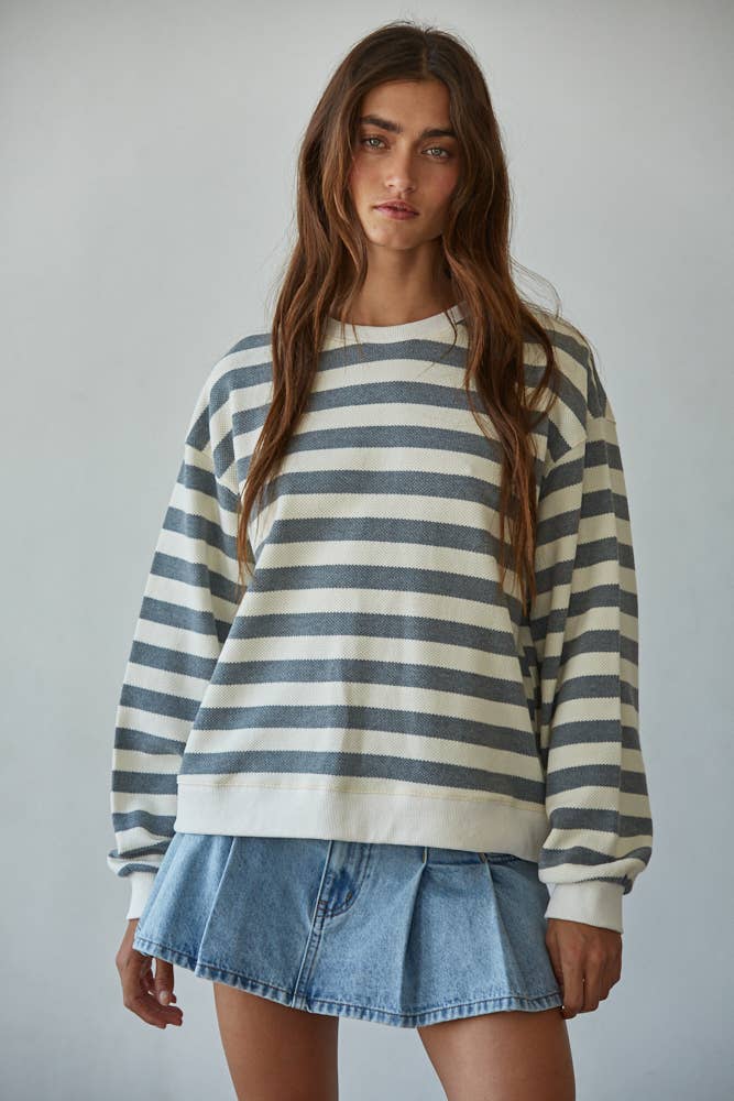 Knit Cotton Striped Crew Neck Long Sleeve Sweatshirt
