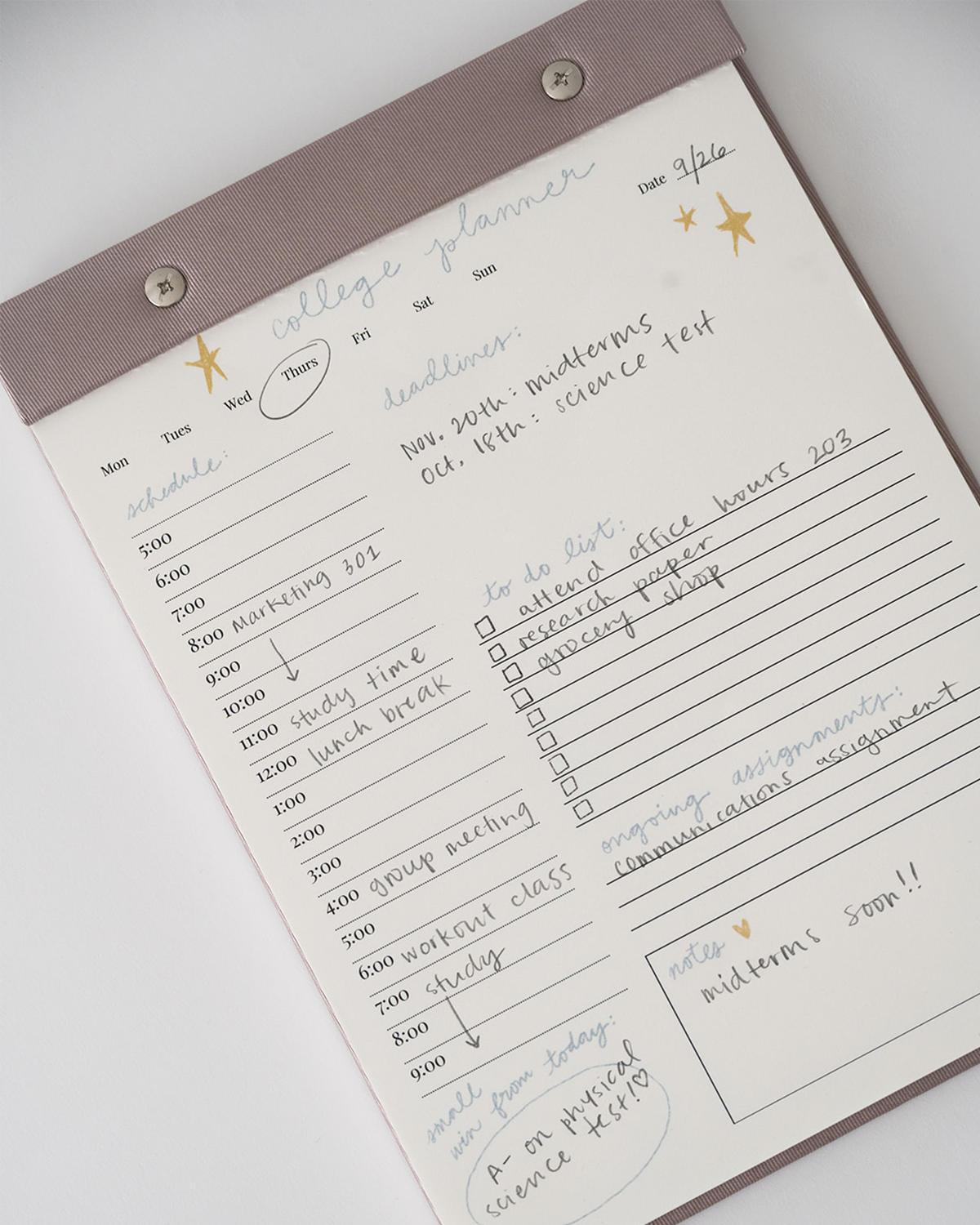 College Daily Planner Notepad