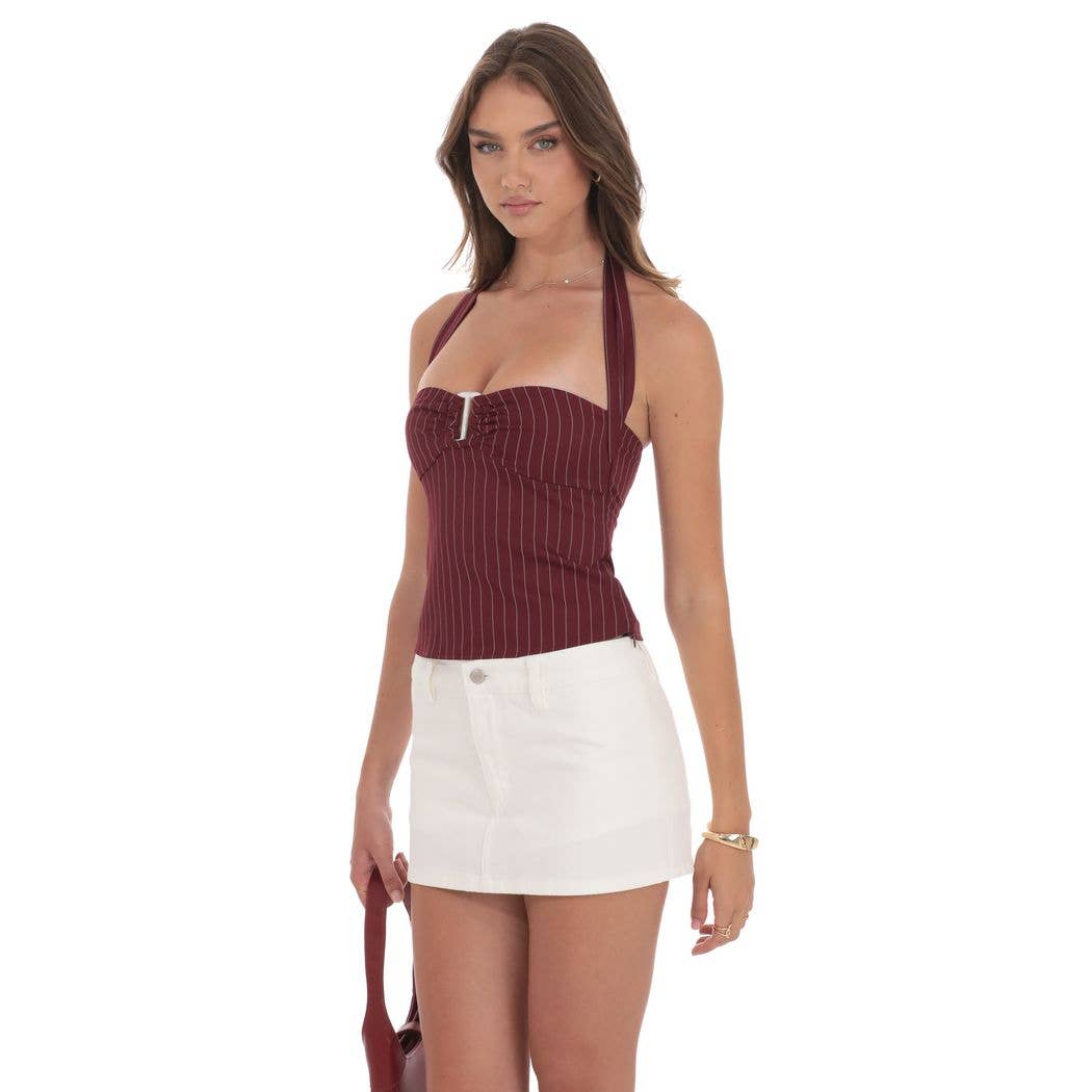 Halter Pinstripe Top In Burgundy
