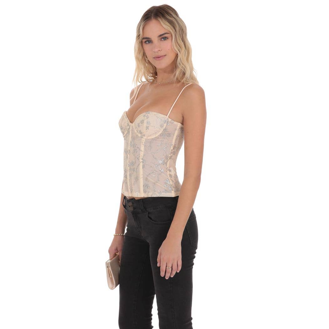 Corset Glitter Floral Top in Cream