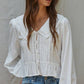 Woven Cotton Collar V-Neck Long Sleeve Blouse