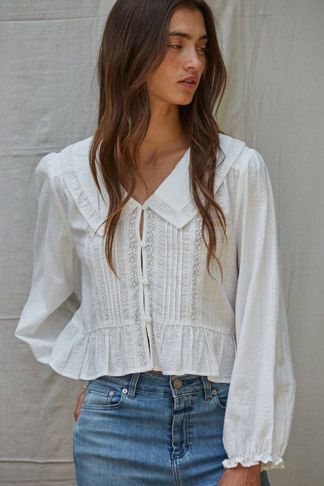 Woven Cotton Collar V-Neck Long Sleeve Blouse