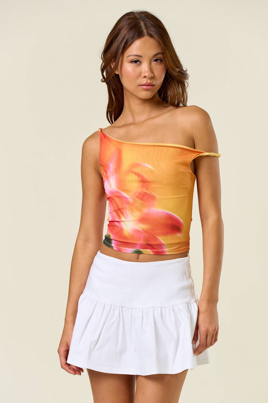 Orange Twist One Shoulder Mesh Top