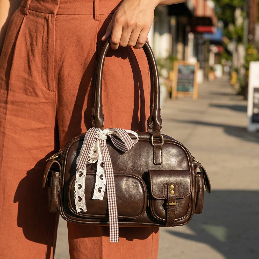 Multi Pocket Faux Leather Hand Bag With Ribbon Bow Charm