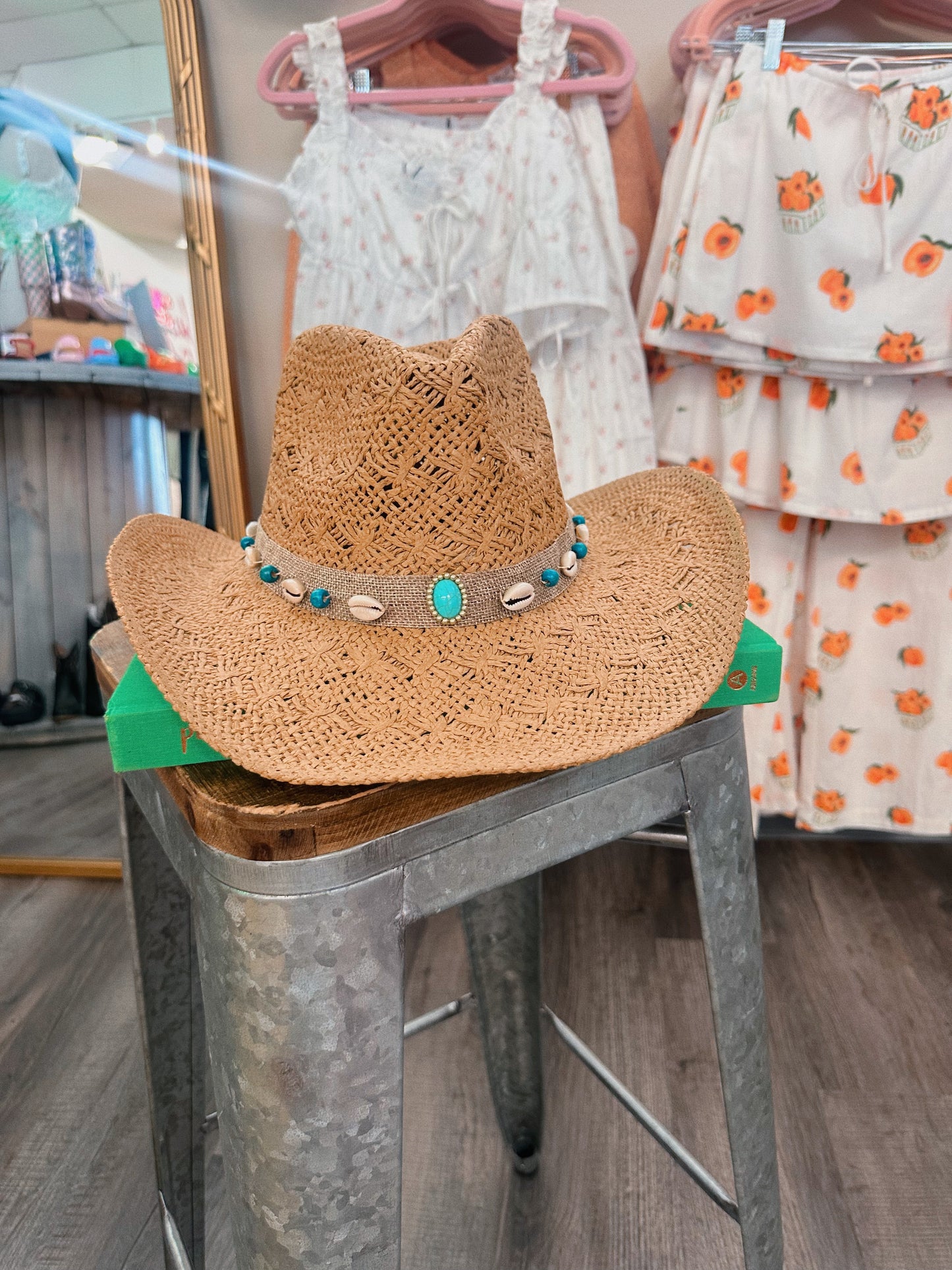 Blue Shell Woven Straw Western Hat
