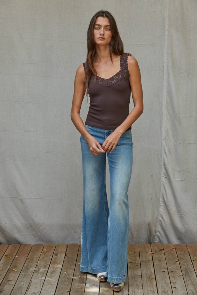 Knit Seamless Ribbed Tank Top with Lace Trim
