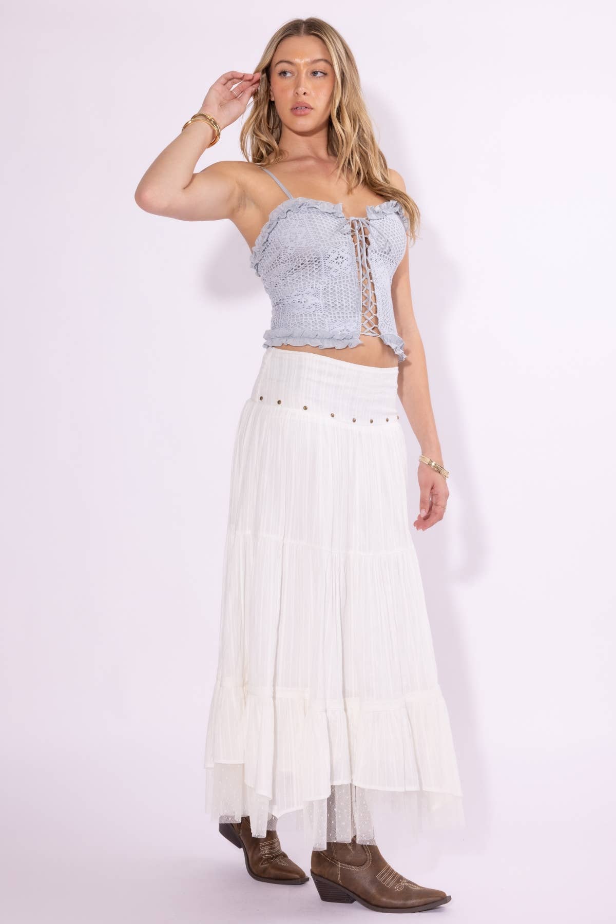 Grommet + Detailed Haky Hem Maxi Skirt