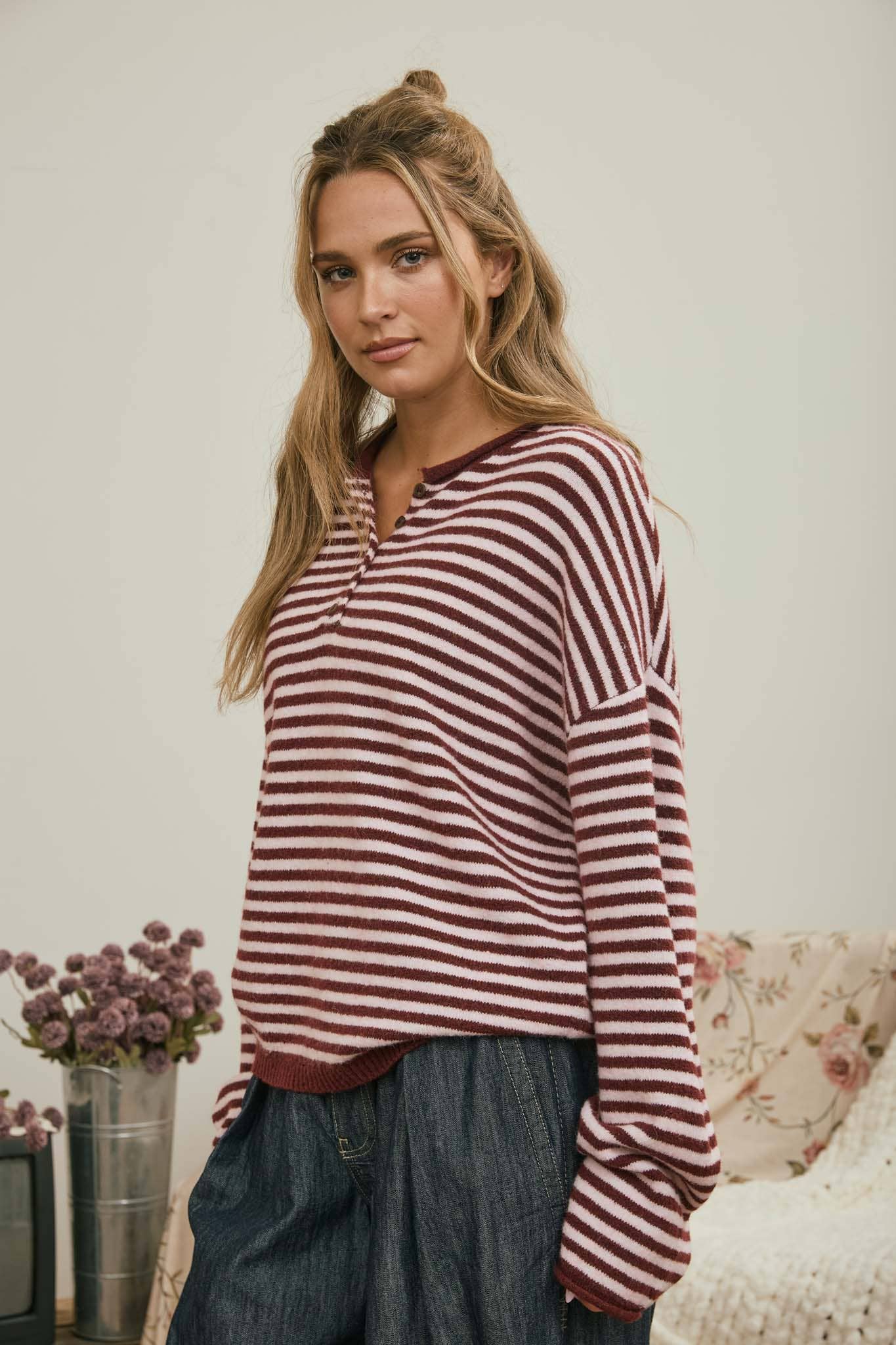 Henley Striped Sweater
