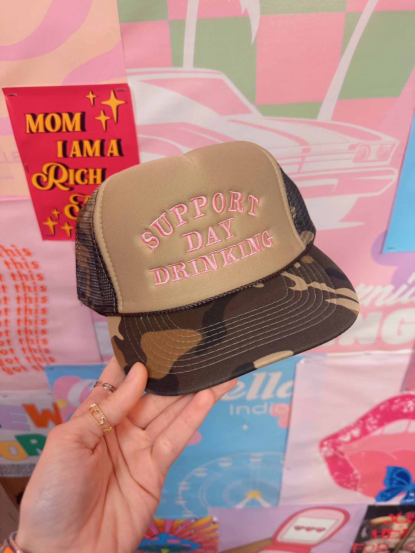 Support Day Drinking Trucker Hat: Brown Camo/Pink