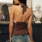 Polka Dot Contrast Lace Peplum Hem Halter Top