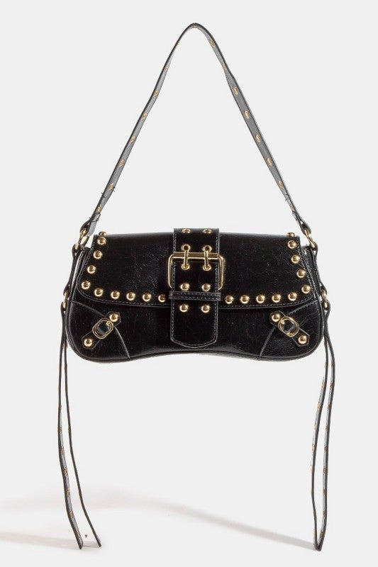 Glossy Leather Rivet Trim Shoulder Bag
