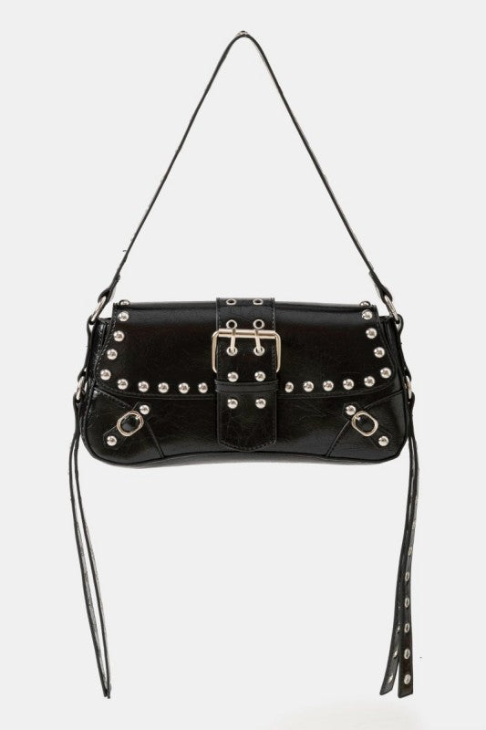 Glossy Leather Rivet Trim Shoulder Bag