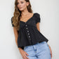 V NECK LADDER LACE PUFF SLEEVE