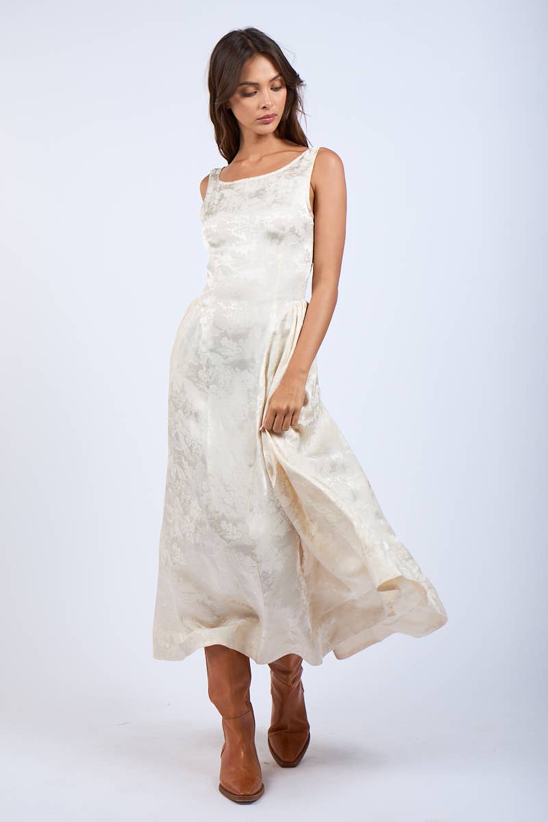 Satin Foral U-Shape Boat Neck Flare Midi Dress