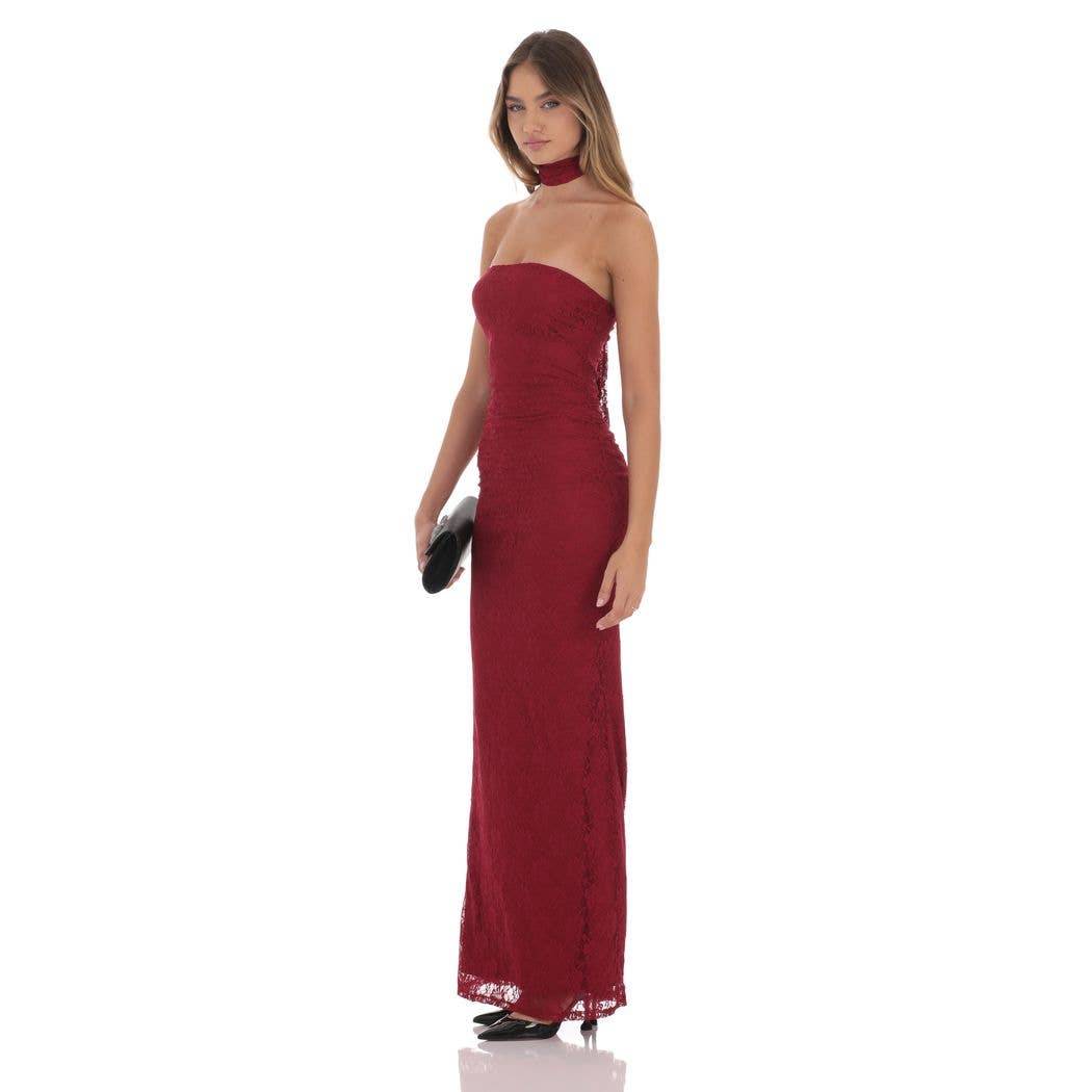 Scarf Lace Maxi Dress in Maroon
