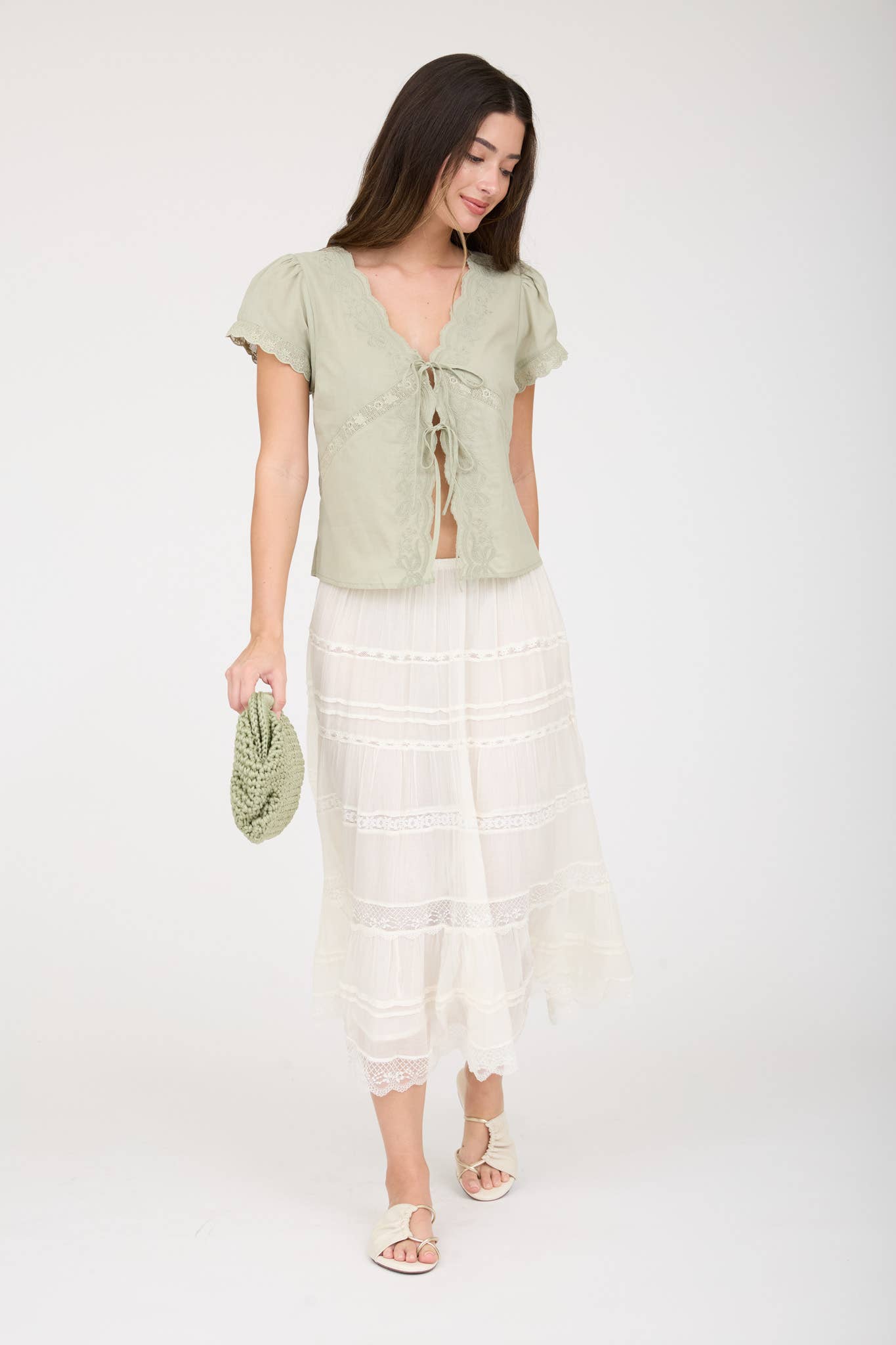 SCALLOPED EMBROIDERED FRONT TIE LACE TOP