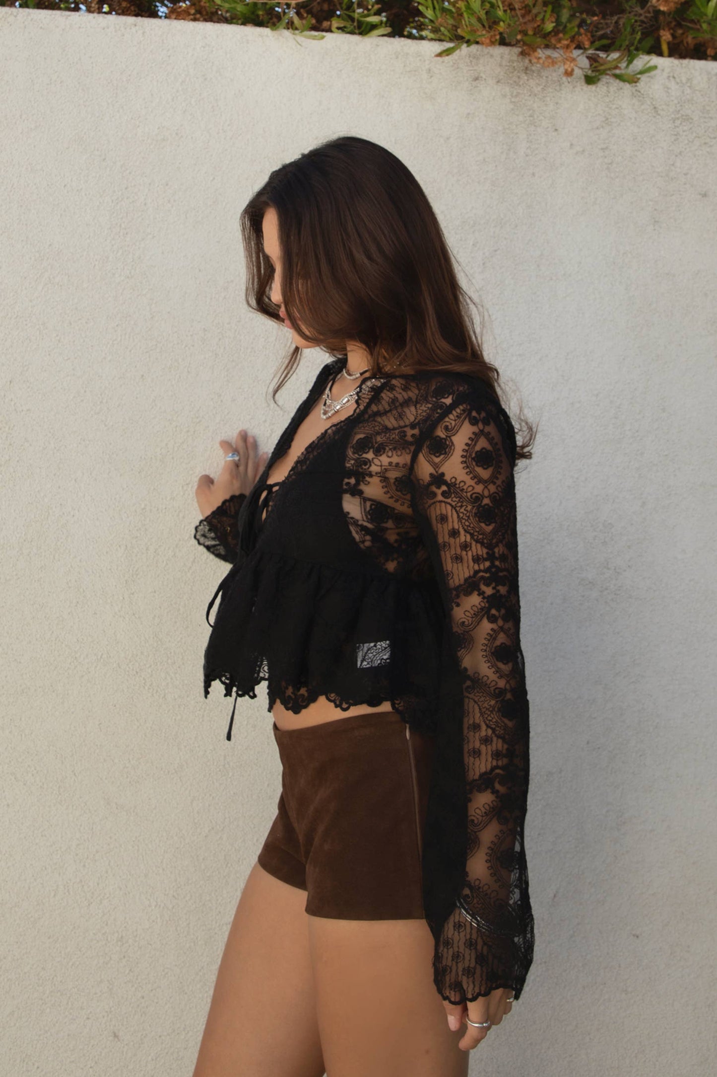 Crochet Embroidered Long Bell Sleeve Top