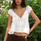 V-Neck Boho Lace Trim Puff Sleeves Babydoll Top