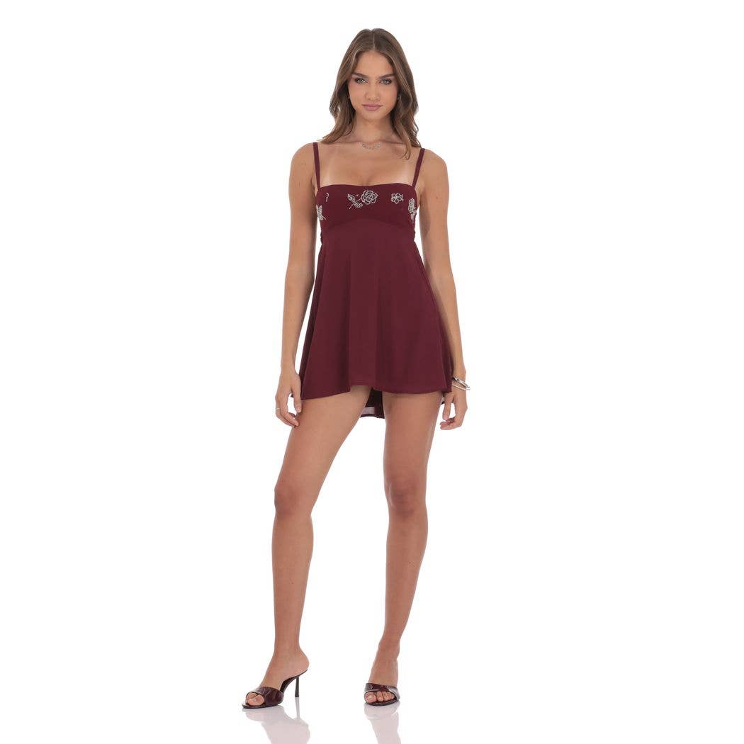 Beaded Floral Babydoll Dress in Burgundy