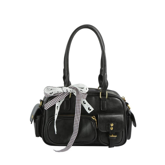 Multi Pocket Faux Leather Hand Bag With Ribbon Bow Charm