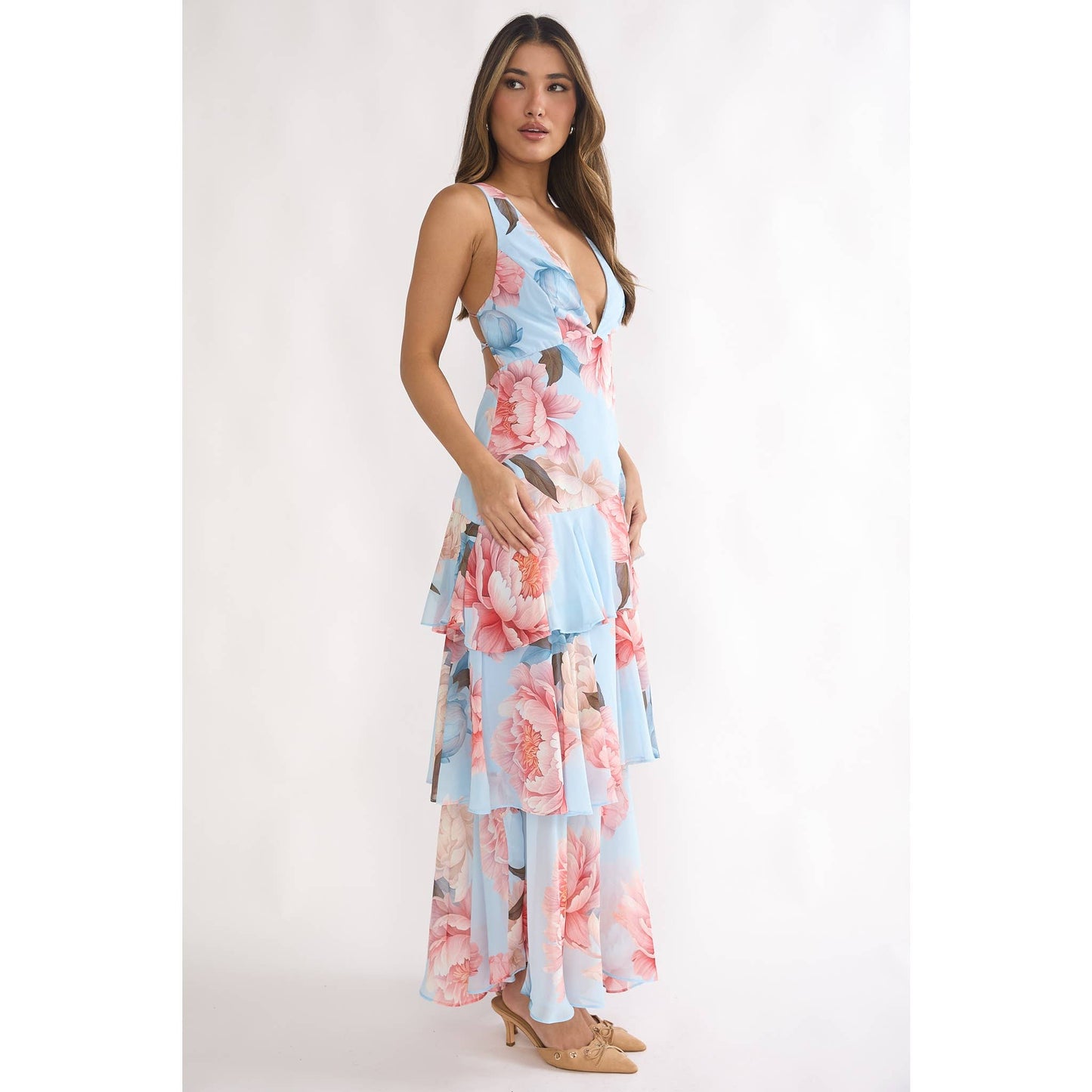 Flower V-Neck Tiered Maxi Dress