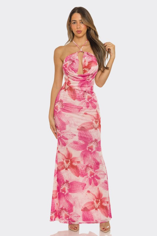 Pink Flower Halter Dress