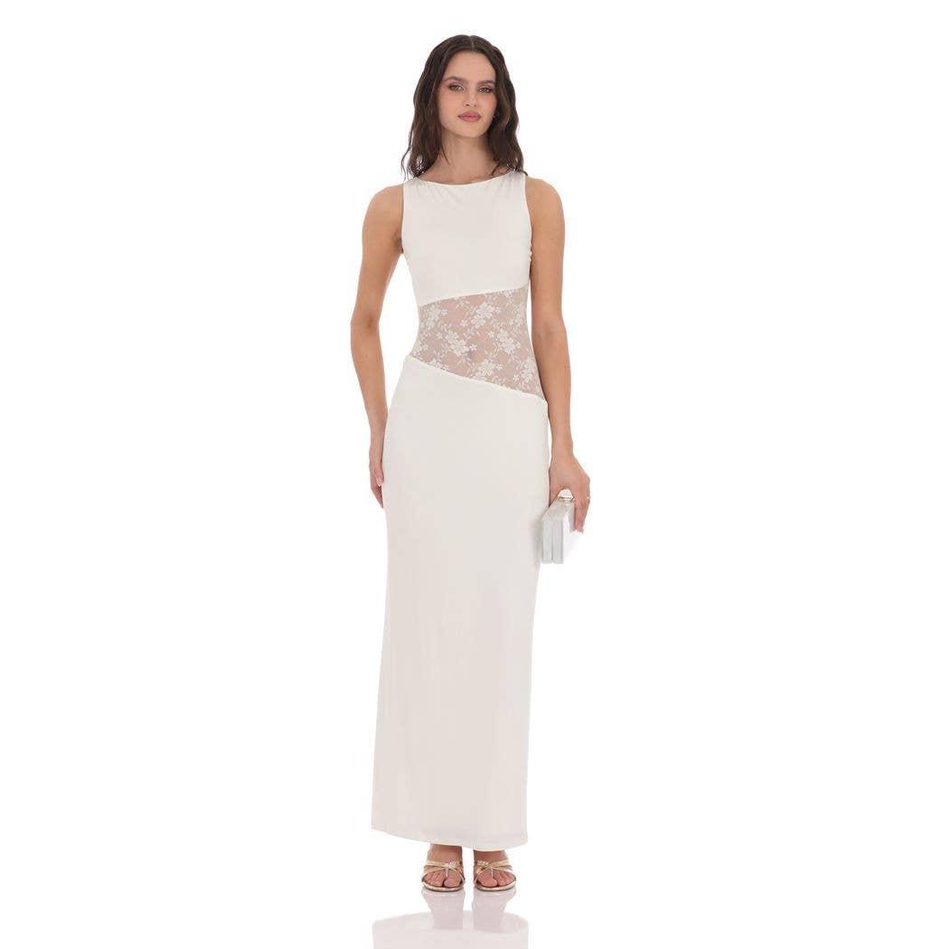 Lace Cutout Maxi Dress in White