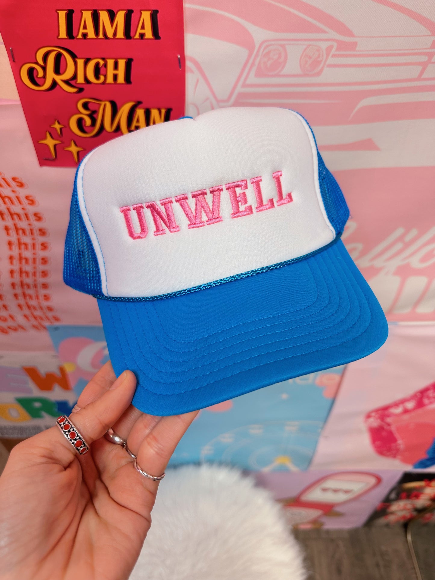 Unwell Trucker Hat: Blue/Pink