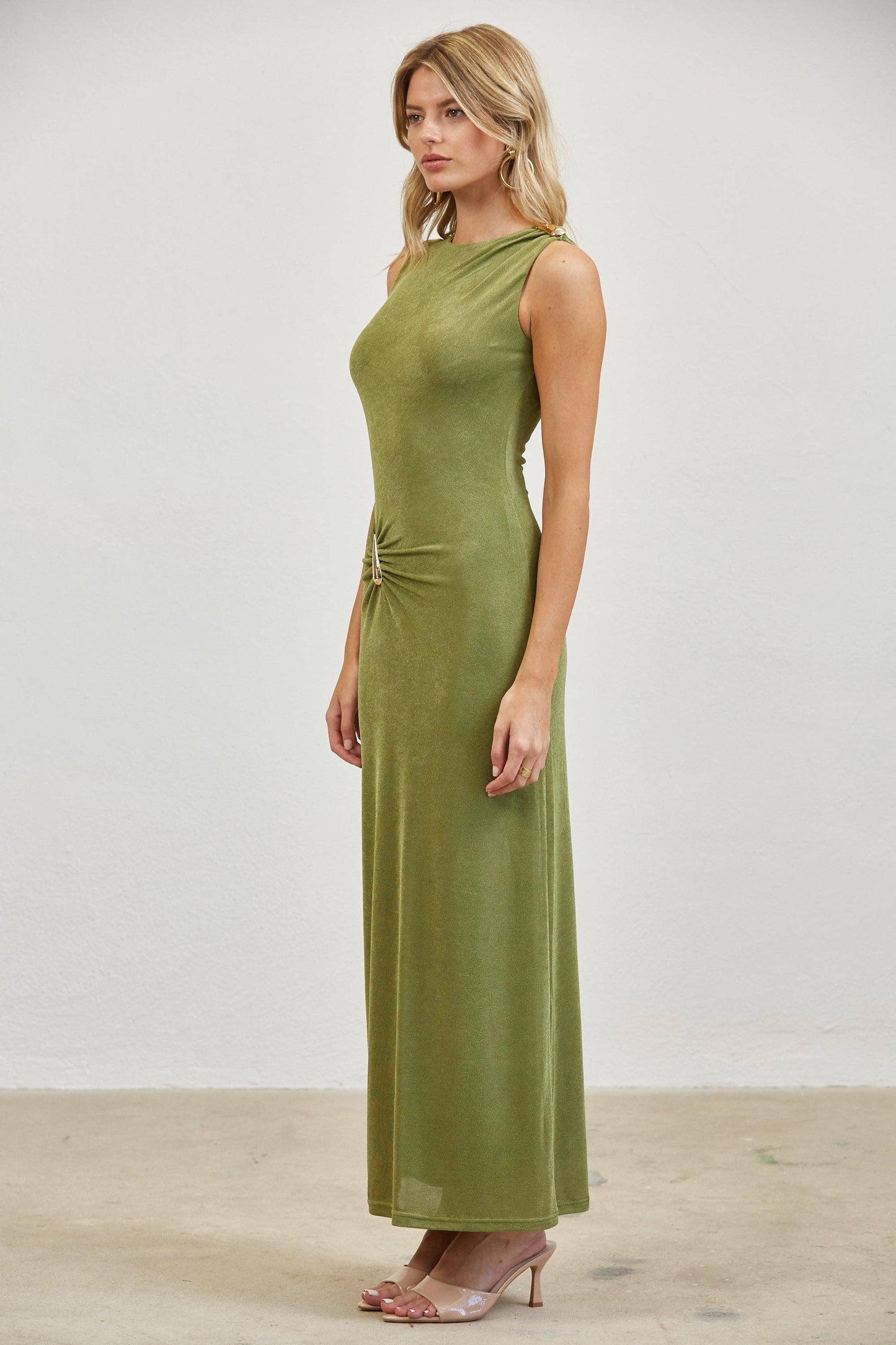 Gold Accent Ruched Slinky Maxi Dress