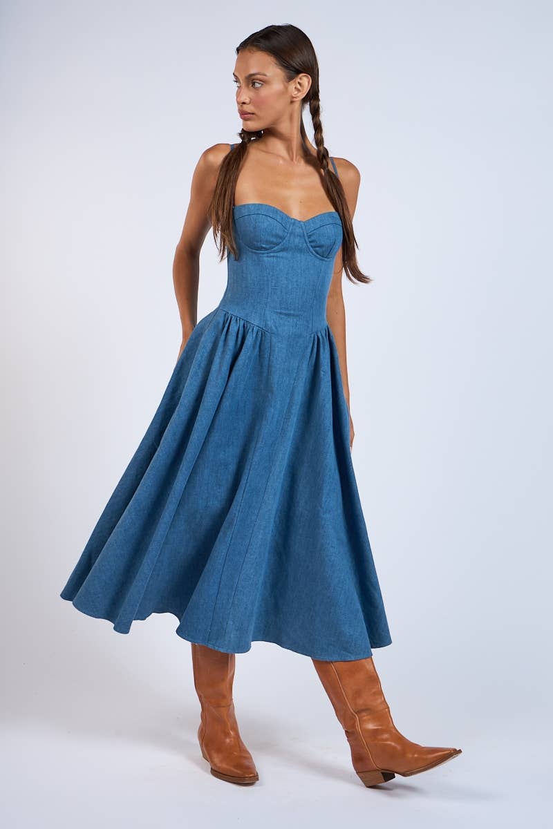 Denim Fit & Flare Midi Dress