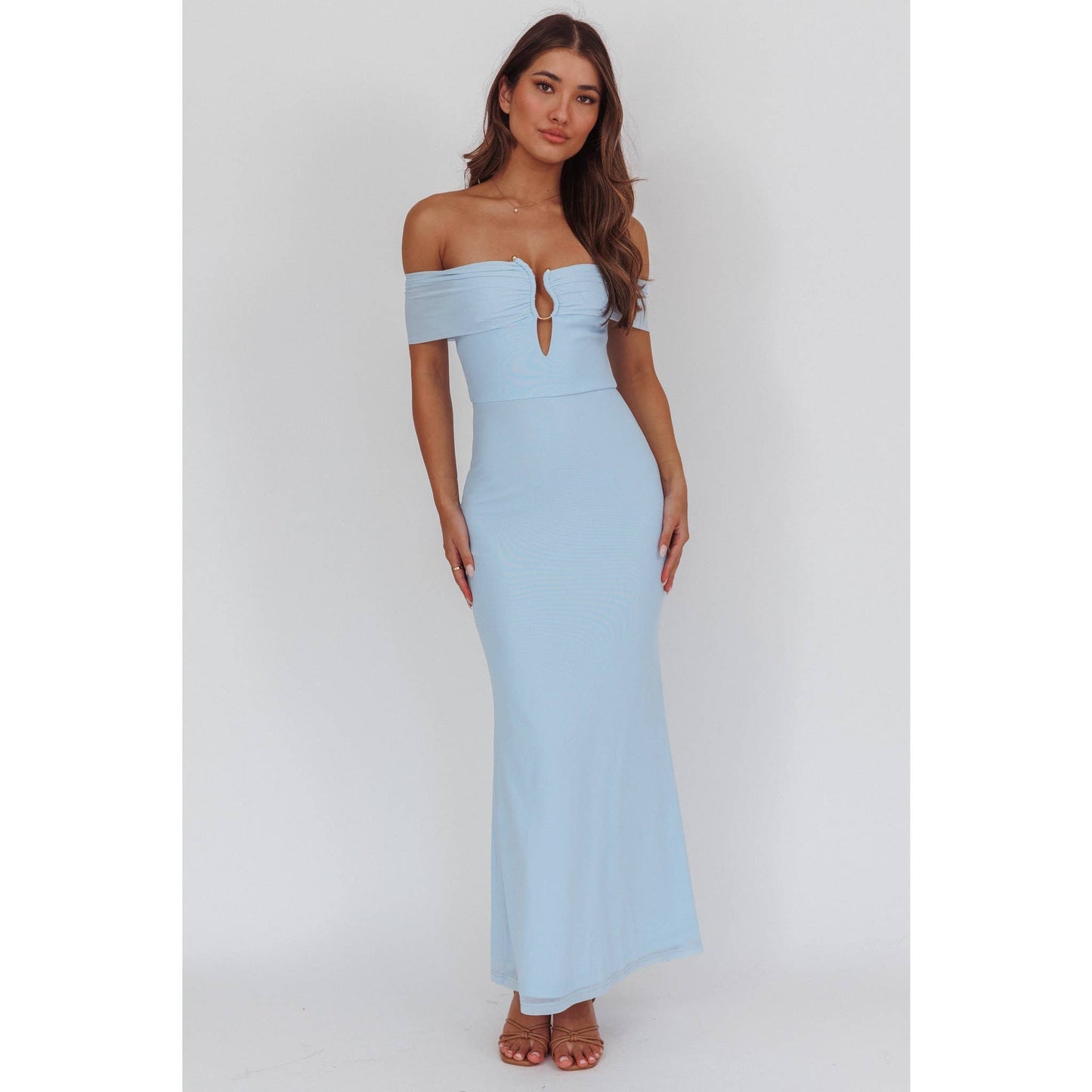 Off Shoulder Keyhold Ruching Maxi Dress