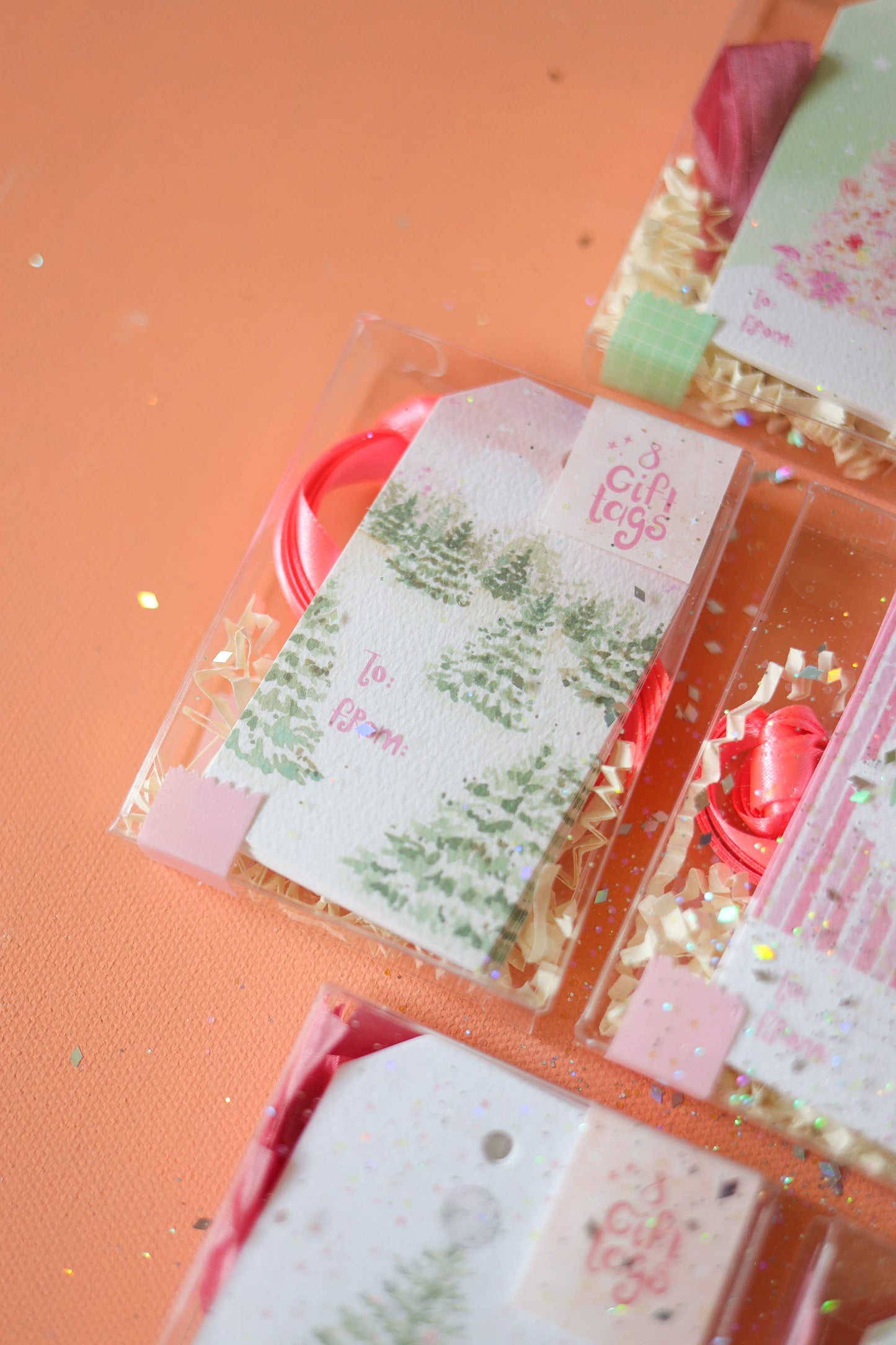 Holiday tree farm gift tag set with silk ribbon