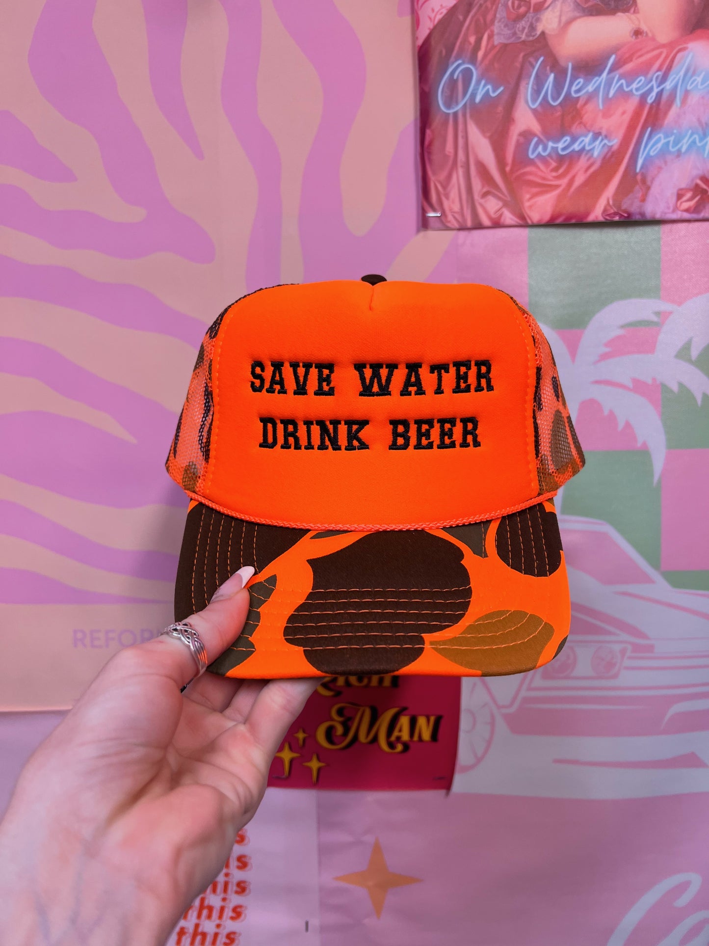 Save Water Drink Beer Trucker Hat: Orange Camo/Black