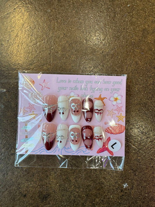Silver Bow Cherry Press On Nails