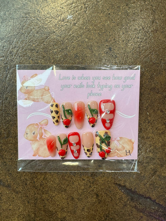 Red Cherry Cheetah Almond Nails