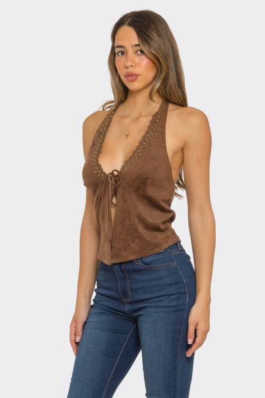 Tie Front Suede Halter Top