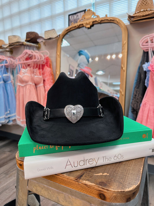 Black Cowgirl Hat with Silver Heart
