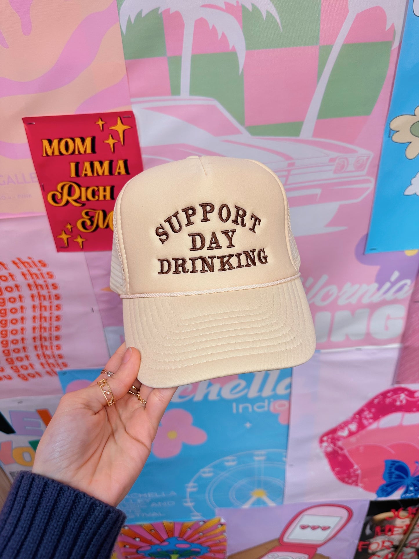 Support Day Drinking Trucker Hat: Tan/Brown