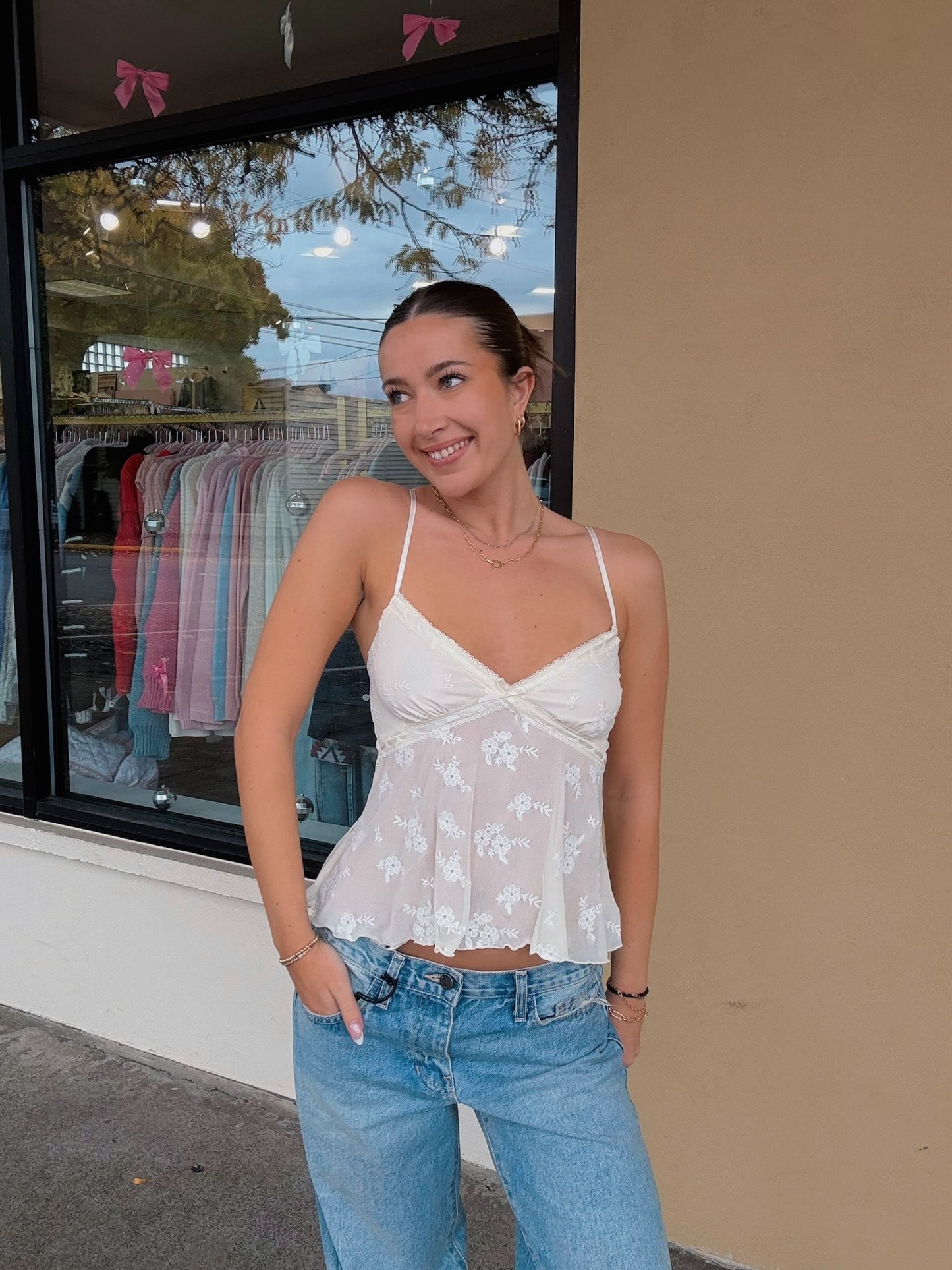 Embroidered Mesh Cami Top