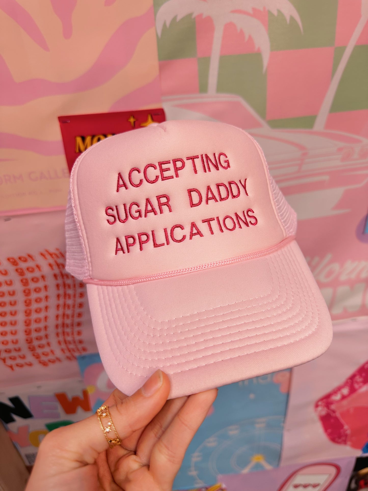 Accepting sugar daddy Baby Pink Trucker Hat