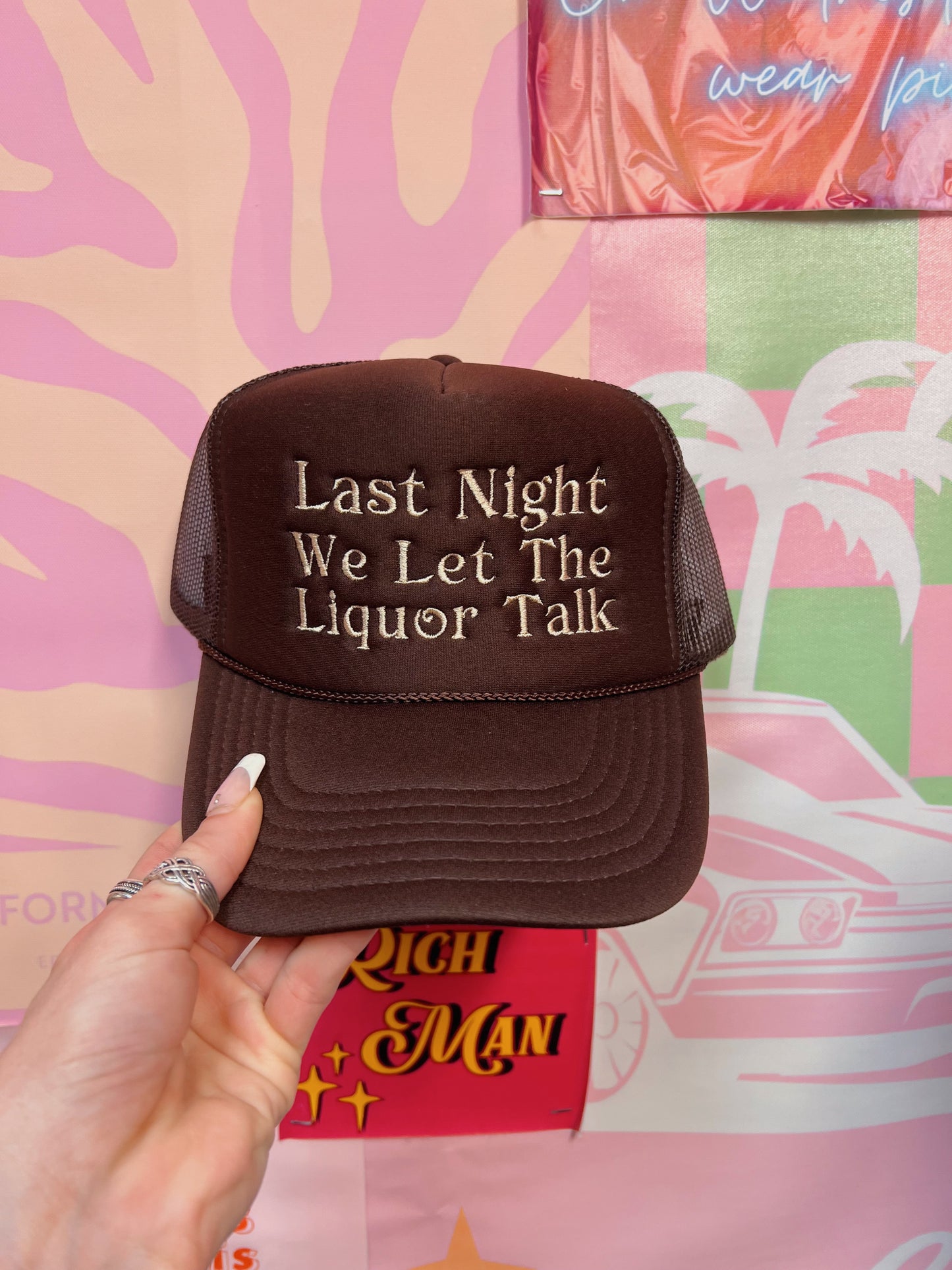 Last Night Liquor Talked Trucker Hat: Brown/Tan