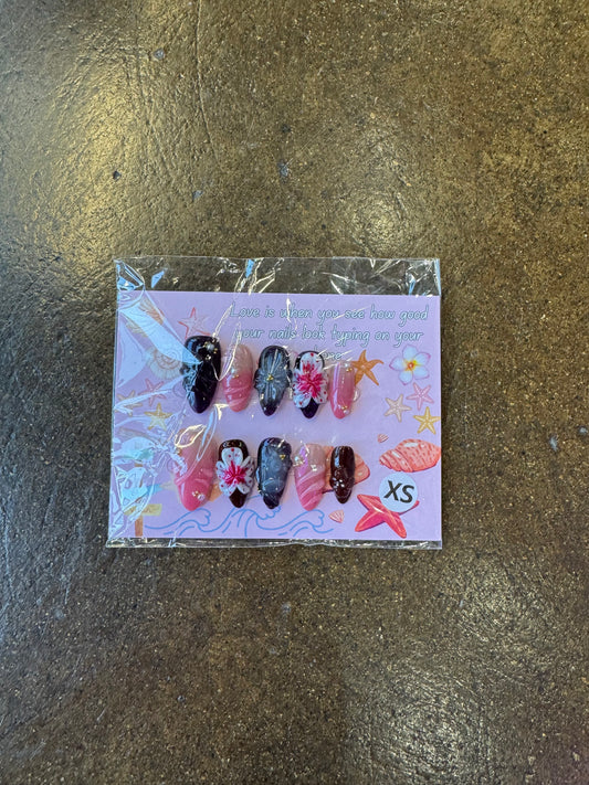 Black Pink Flower Press On Nails