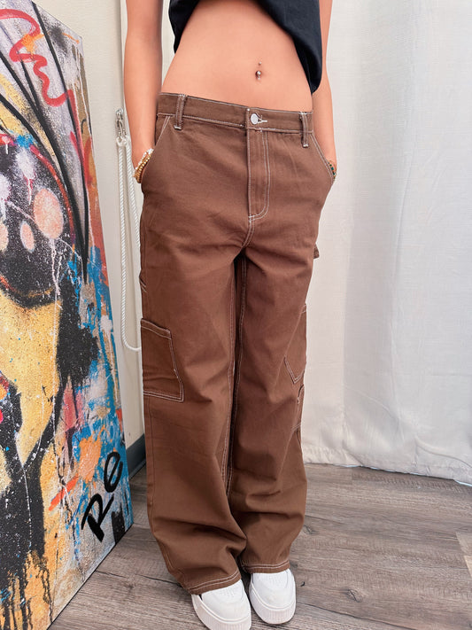 Contrast Stitch Brown Cargo Pants