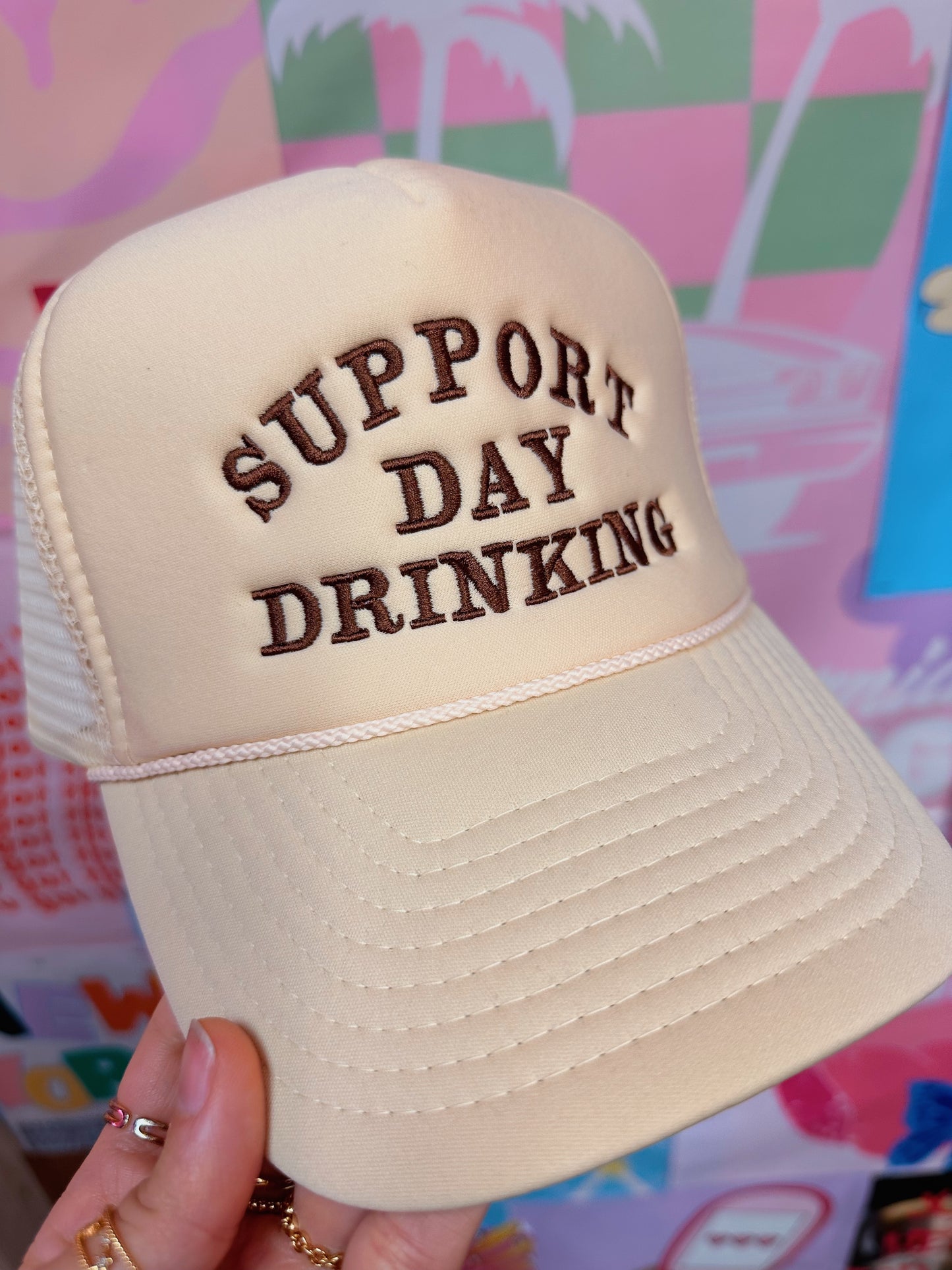 Support Day Drinking Trucker Hat: Tan/Brown