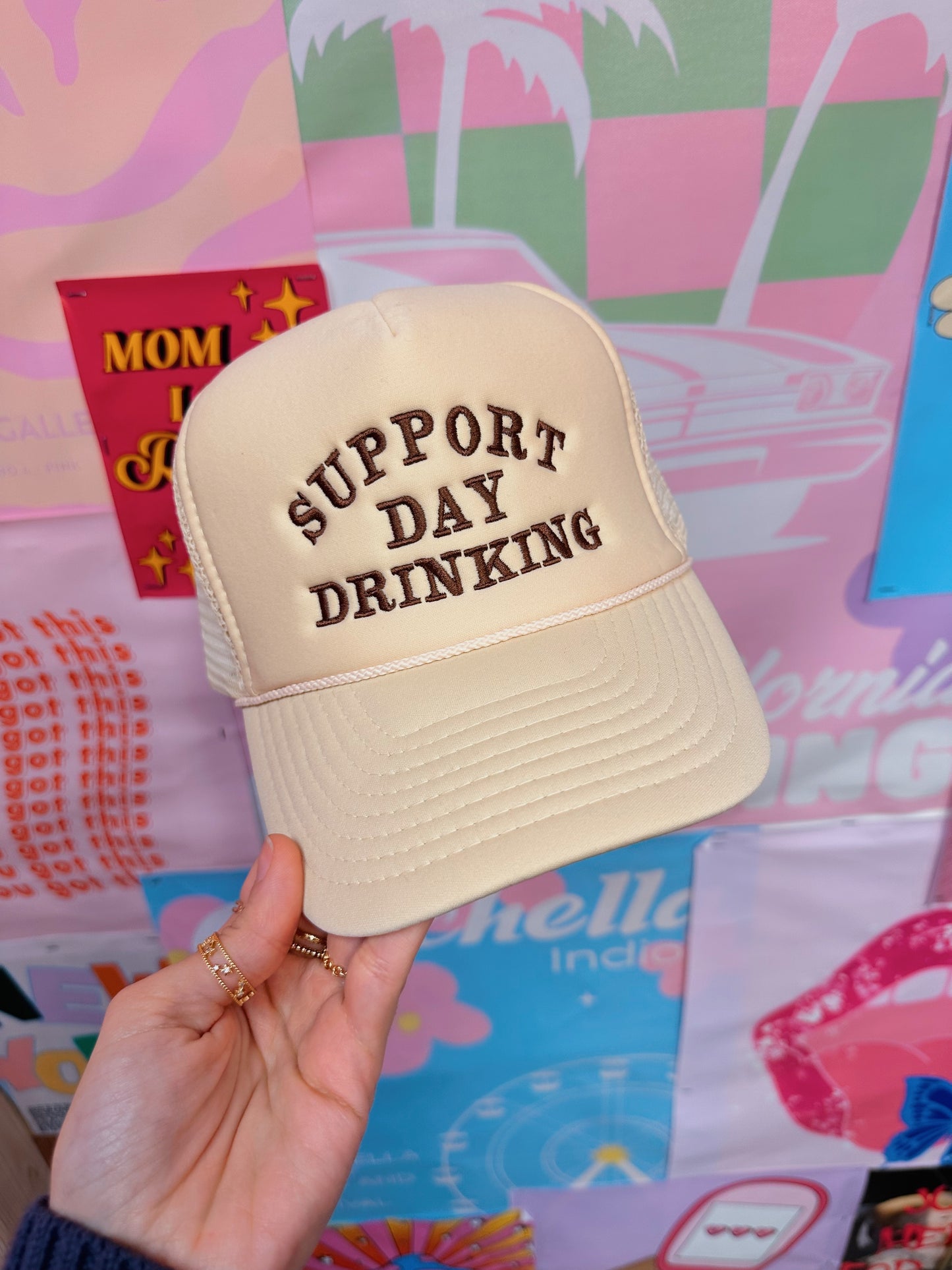 Support Day Drinking Trucker Hat: Tan/Brown