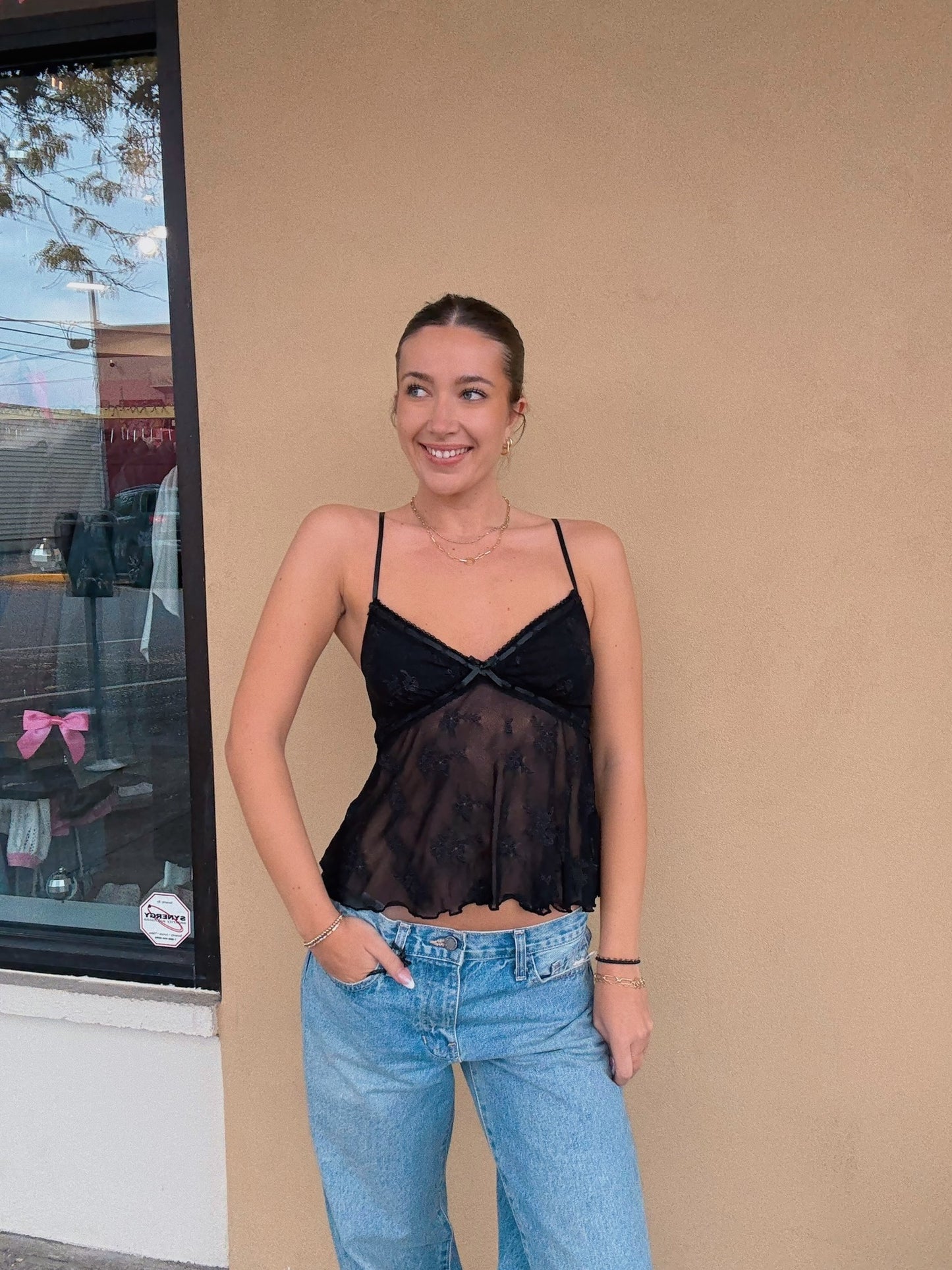 Embroidered Mesh Cami Top