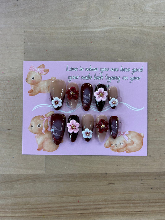 Burgundy 3D Flower Nails