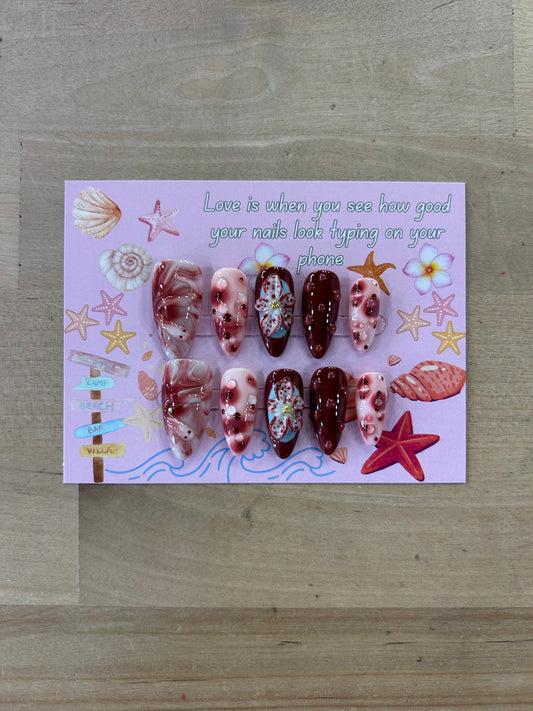 Maroon Flower/Snake Nails